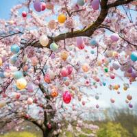 ai genererad en fantastisk Foto av en blomning körsbär blomma träd med färgrik påsk ägg hängande från dess grenar