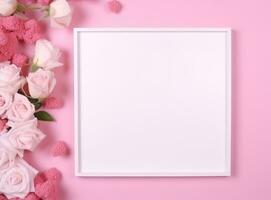 ai genererad ram med rosa blommor och tom ark på en rosa bakgrund foto