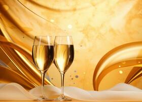 ai genererad två glasögon med champagne och några champagne flaska på en guld bakgrund foto
