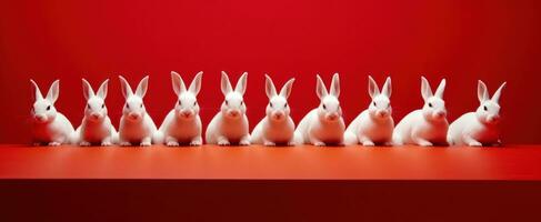 ai genererad vit kaniner och fläktar på röd tabeller foto