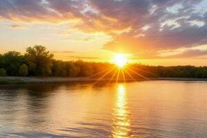 ai genererad gyllene timme solnedgång på de sjö. proffs Foto