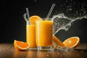 ai genererad orange juice stänk med is kuber. proffs Foto