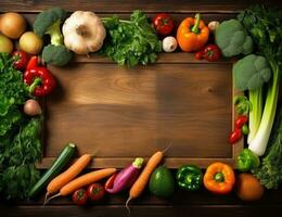 ai genererad färsk grönsaker på en trä- styrelse. grönsaker på en styrelse foto