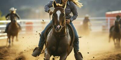 ai genererad de spännande skådespel av cowgirls i de tunna ridning konkurrens på en rodeo foto
