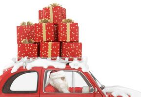 santa claus enheter en röd bil full av jul presentation foto