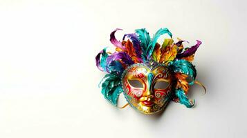 ai genererad färgrik festlig av mardi gras venetian karneval mask pärlor fest design isolerat vit bakgrund foto