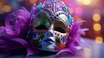 ai genererad mardi gras bakgrund mask för Lycklig mardi gras dag isolerat bokeh bakgrund foto