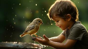 ai genererad en hjärtvärmande Foto av en ung pojke matning en bebis fågel med en dropper