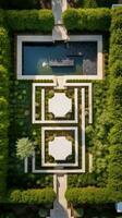 ai genererad en fantastisk antenn skott av en modern trädgård design terar en geometrisk mönster av häckar. foto