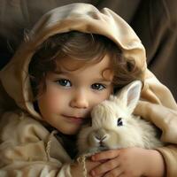 ai genererad en ljuv bild av en barn innehav en bebis kanin i deras knä, de två av dem mysade upp tillsammans foto