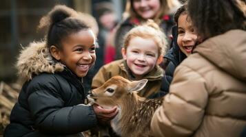 ai genererad grupp av barn samlade in runt om en bebis rådjur, leende och försiktigt petting dess mjuk päls foto