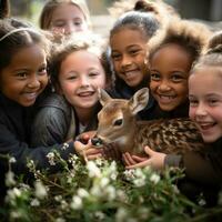 ai genererad grupp av barn samlade in runt om en bebis rådjur, leende och försiktigt petting dess mjuk päls foto