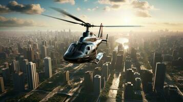 ai genererad en helikopter svävande över en stadsbild, med skyskrapor och upptagen gator Nedan foto