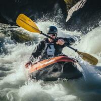 ai genererad en kayaker navigerande genom grov vit vatten fors foto