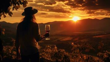 ai genererad ett förtjusande scen av vin provsmakning i de vingårdar under de fading Sol foto