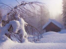 en snöig scen med en stuga i de bakgrund foto