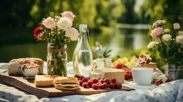 ai genererad sallad parkera picknick mat foto