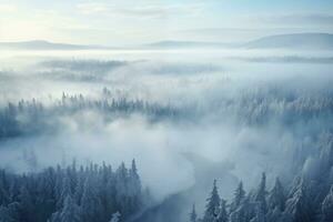 ai genererad frysta snöig skog landskap med frostig dis, antenn se foto