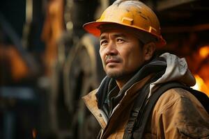 ai genererad porträtt av en man arbetstagare i en hård hatt på en suddig industriell bakgrund foto
