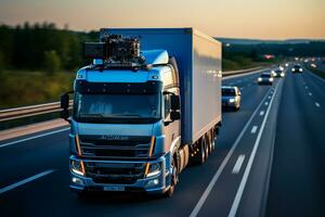 ai genererad Avancerad teknologi begrepp stor lastbil med frakt trailer enheter på de väg är förvandlas trogen begrepp fordon foto