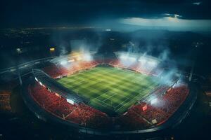 ai genererad antenn upprättande skott av en hela stadion med fotboll mästerskap match. lag spela, folkmassan av fläktar heja på. sporter begrepp. foto