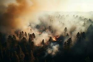ai genererad skog brand, naturlig katastrof, otrevlig brand brinnande träd och gräs. rök från en brand över de skog. 3d tolkning foto