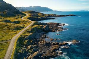 ai genererad antenn se av väg, klippig hav kust med vågor och stenar på solnedgång landskap med skön väg, transparent blå vatten, rocks. topp se från Drönare av motorväg i sommar foto