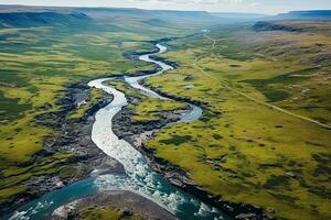 ai genererad flod och grön skog naturlig parkera, antenn se foto