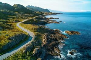 ai genererad antenn se av väg, klippig hav kust med vågor och stenar på solnedgång landskap med skön väg, transparent blå vatten, rocks. topp se från Drönare av motorväg i sommar foto