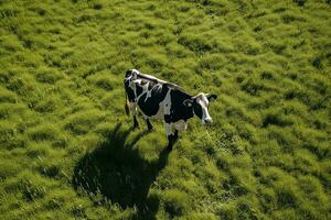 ai genererad antenn se av ko på grön äng i sommar. foto