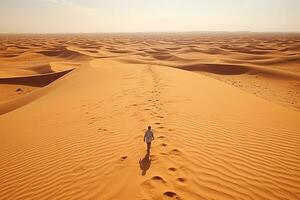 ai genererad arabicum man med traditionell emirates kläder gående i de öken- och dubai horisont i de bakgrund foto