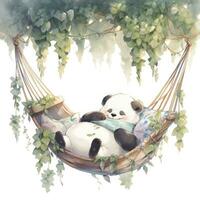 ai genererad en sömnig bebis panda i en hängmatta. vattenfärg illustration. ai genererad foto