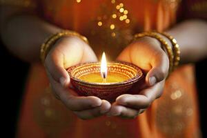 ai genererad skön händer innehav diwali lampor traditionellt. ai genererad. foto