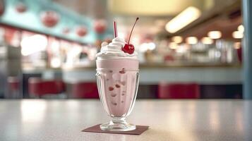 ai genererad körsbär milkshake i en klassisk amerikan diner. mat fotografi begrepp. generativ ai foto