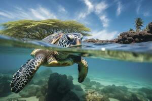 ai genererad grön sköldpadda på de havsvatten. ai genererad foto