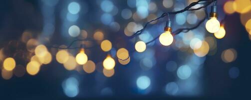 ai genererad Semester belysning och dekoration begrepp, jul krans bokeh lampor över mörk blå bakgrund. ai genererad foto