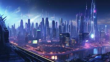 ai genererad en futuristisk, cyberpunk inspirerad stadsbild på natt. ai genererad foto