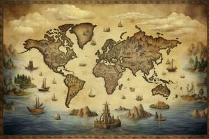 ai genererad bra detaljerad illustration av de värld Karta i årgång stil. ai genererad foto