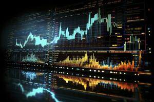 ai genererad digitalt genererad valuta och utbyta stock Diagram för finansiera och ekonomi baserad dator programvara och kodning visa. ai genererad foto