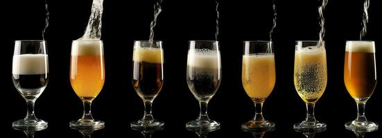 ai genererad häller öl in i en glas på en svart bakgrund. generativ ai foto