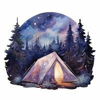 ai genererad en camping tält i de skog med natt himmel, vattenfärg för t-shirt design. ai genererad foto