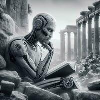 ai genererad robot sitter eftertänksamt på de ruiner av ett gammal stad och speglar på en bok foto