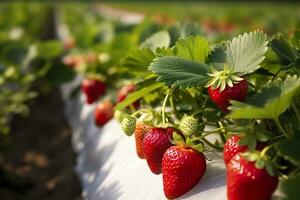 ai genererad buske av mogen organisk jordgubbar i de trädgård. bär närbild. generativ ai foto