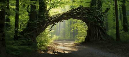 ai genererad naturlig archway formad förbi grenar i de skog. ai genererad foto