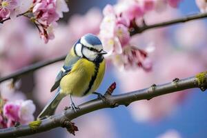 ai genererad en bluetit fågel vilar på de gren av en träd. ai genererad. foto