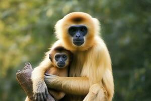 ai genererad stänga bild av kindat gibbon apa mor med en barn i de skog. generativ ai foto