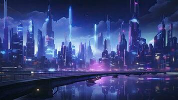 ai genererad en futuristisk, cyberpunk inspirerad stadsbild på natt. ai genererad foto