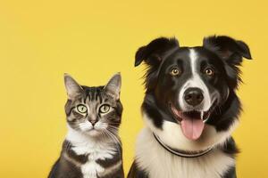 ai genererad katt och hund tillsammans med Lycklig uttryck på gul bakgrund. ai genererad foto