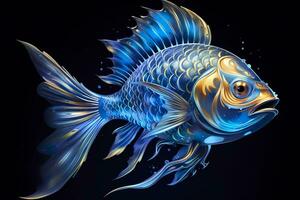 ai genererad 3d tolkning. fisk på svart bakgrund. generativ ai foto