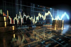 ai genererad digitalt genererad valuta och utbyta stock Diagram för finansiera och ekonomi baserad dator programvara och kodning visa. ai genererad foto